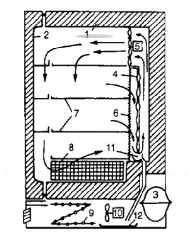 Mặt cắt ngang một tủ kết đông có quạt gió tuần hoàn